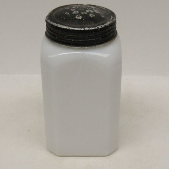 McKee White Glass BLACK SHIELD 4 1/2 Inch High PEPPER Shaker, Original Metal Lid - Picture 3 of 4